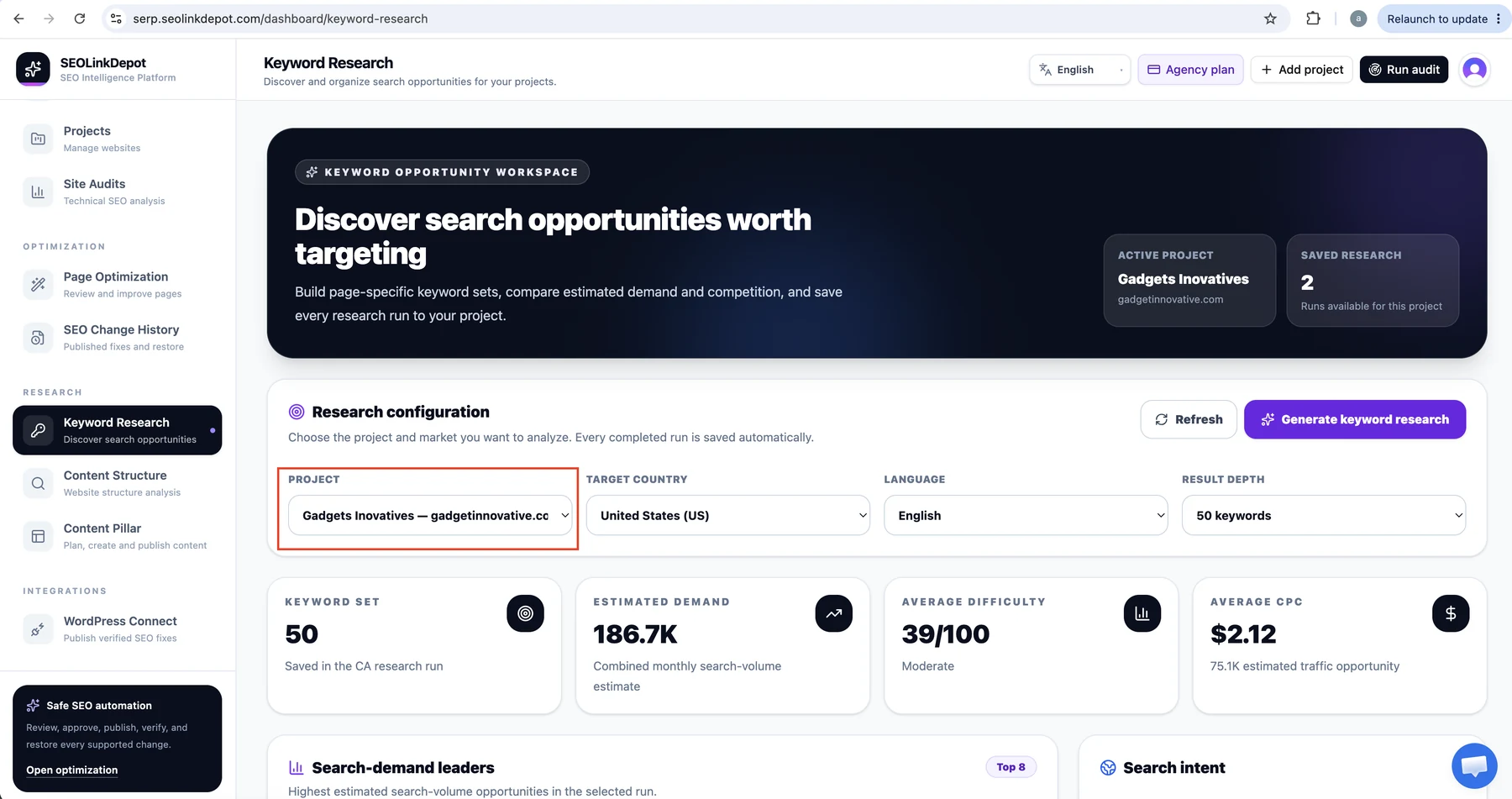 Keyword Research — Select the project