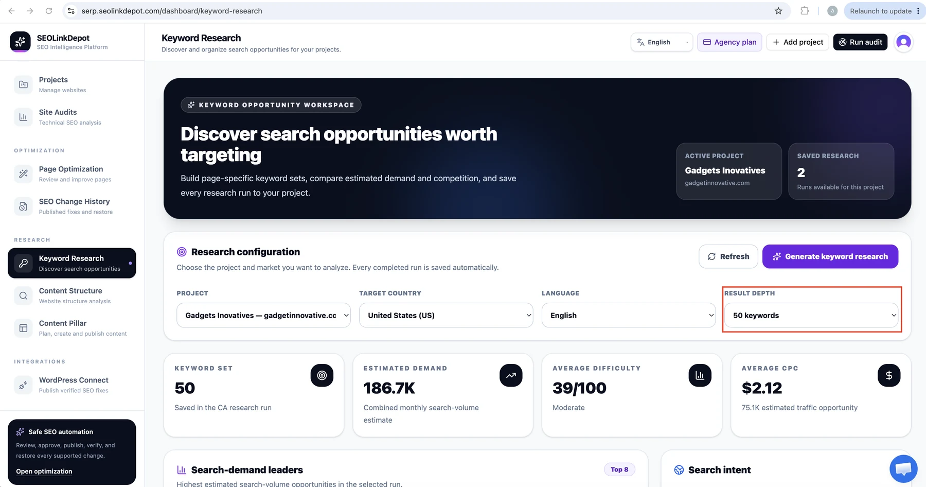 Keyword Research — Choose result depth