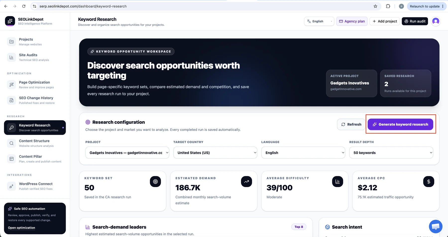 Keyword Research — Generate keyword research