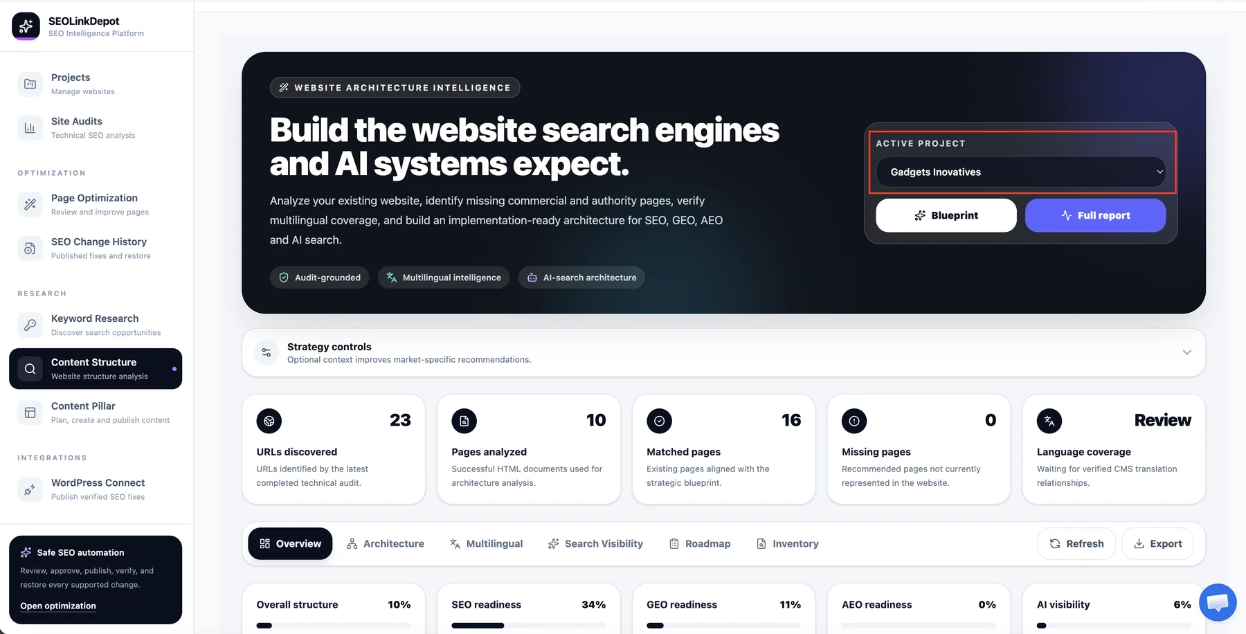 Content Structure — Select the active project
