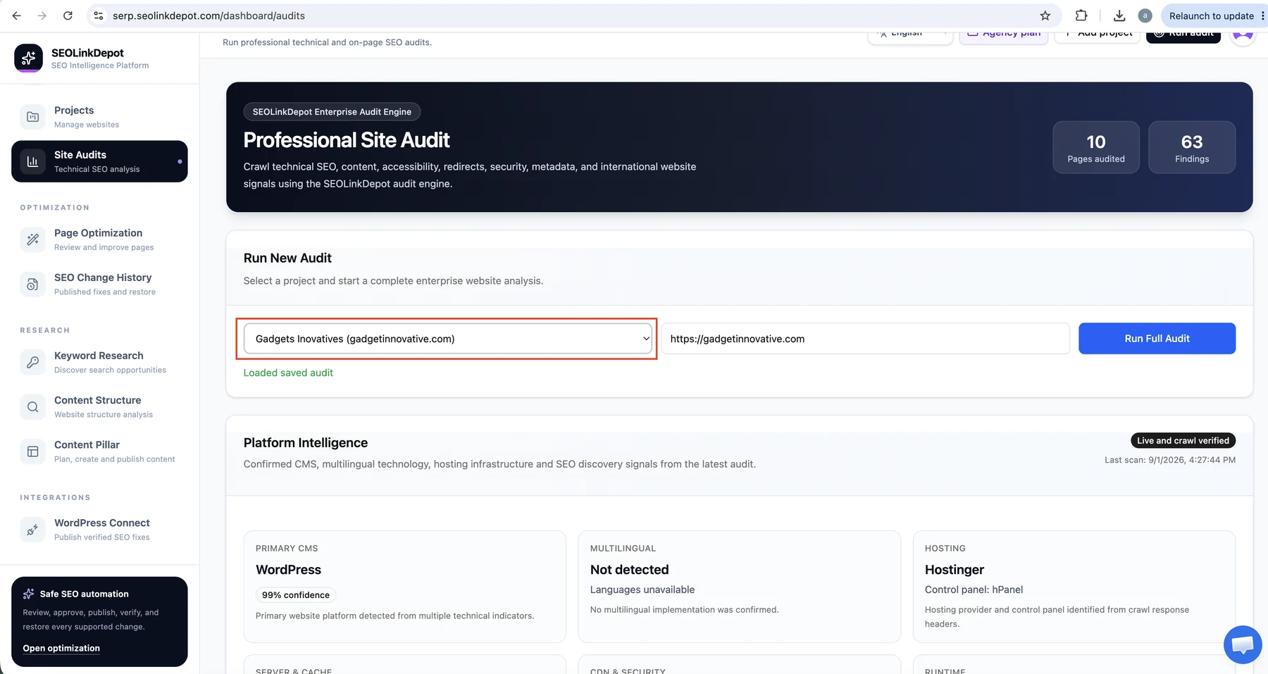 Site Audit — Select the website project