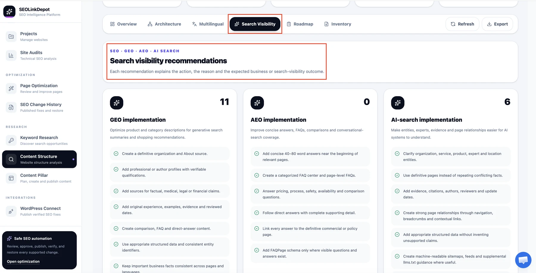 Content Structure — Review search visibility recommendations