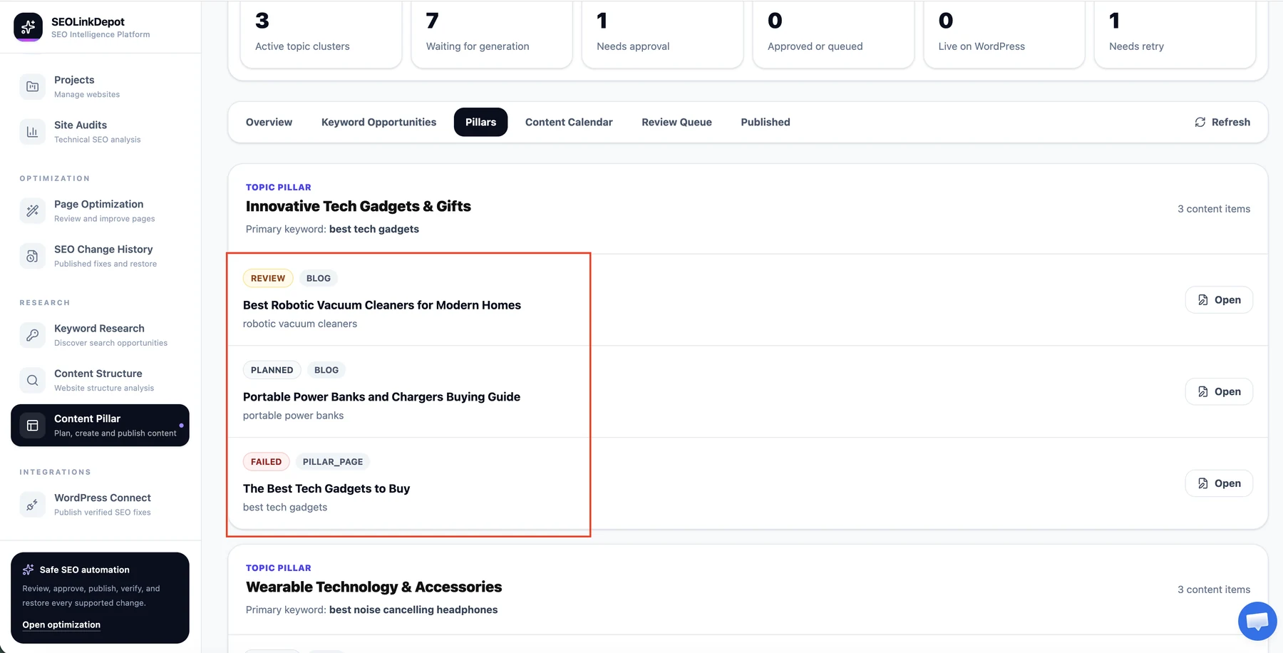 Content Pillar — Open content items inside a pillar