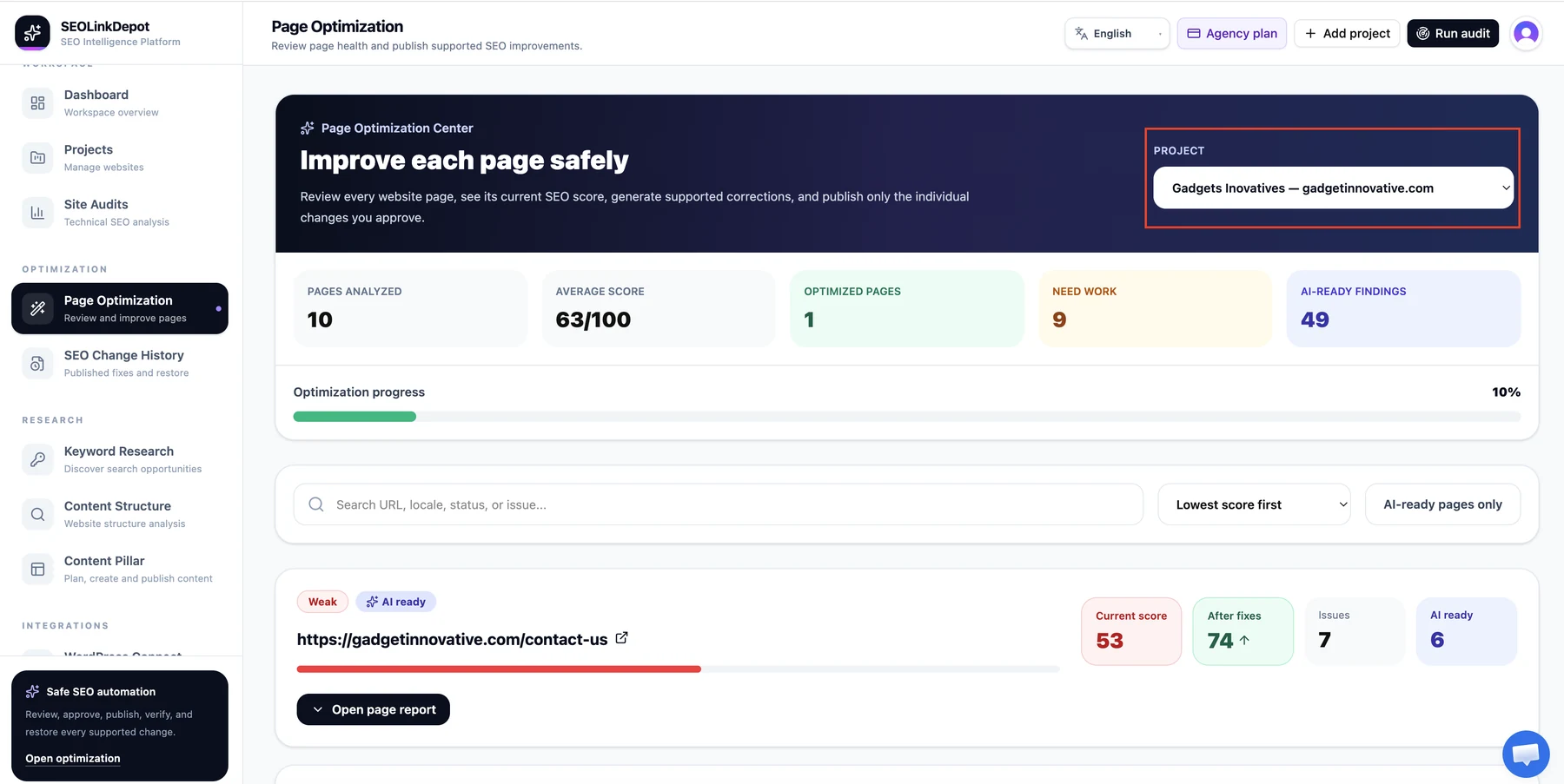 Page Optimization — Select the project