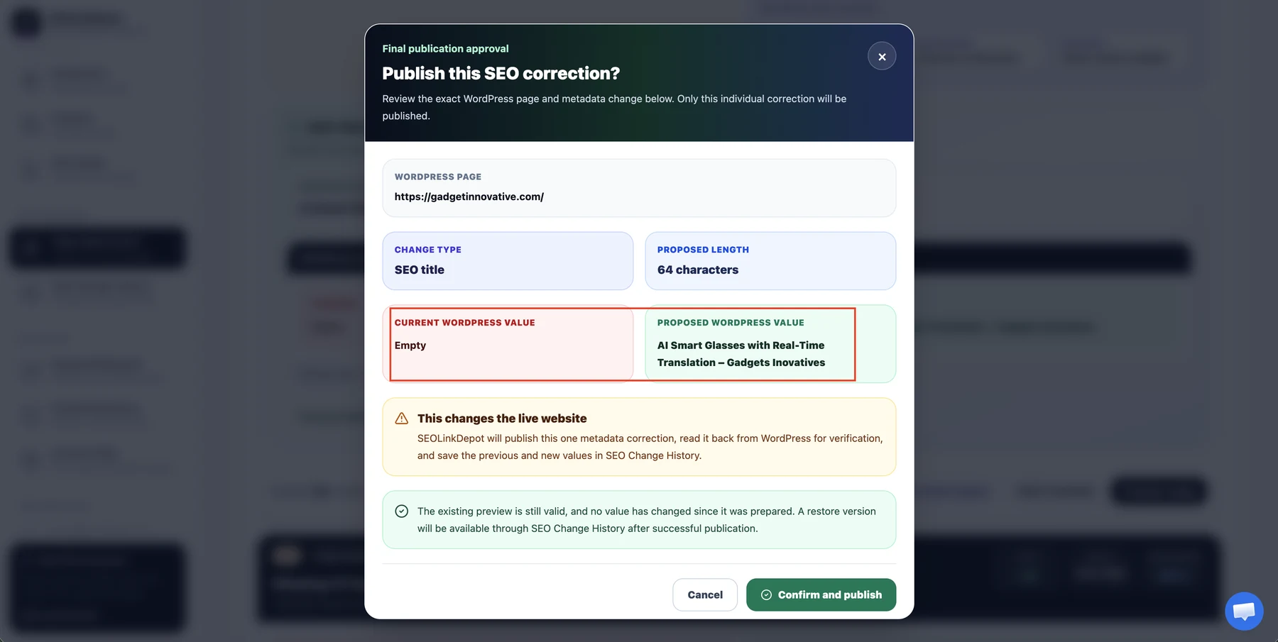 Page Optimization — Confirm an individual WordPress publication