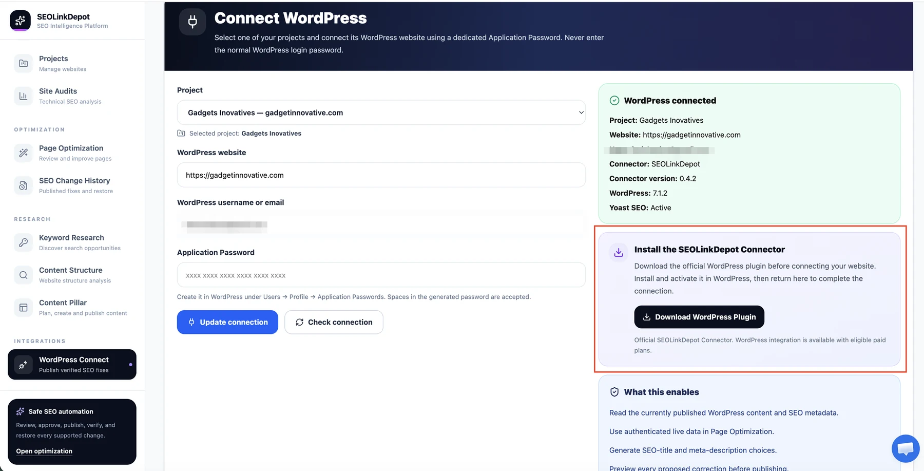WordPress Connection — Install the SEOLinkDepot Connector