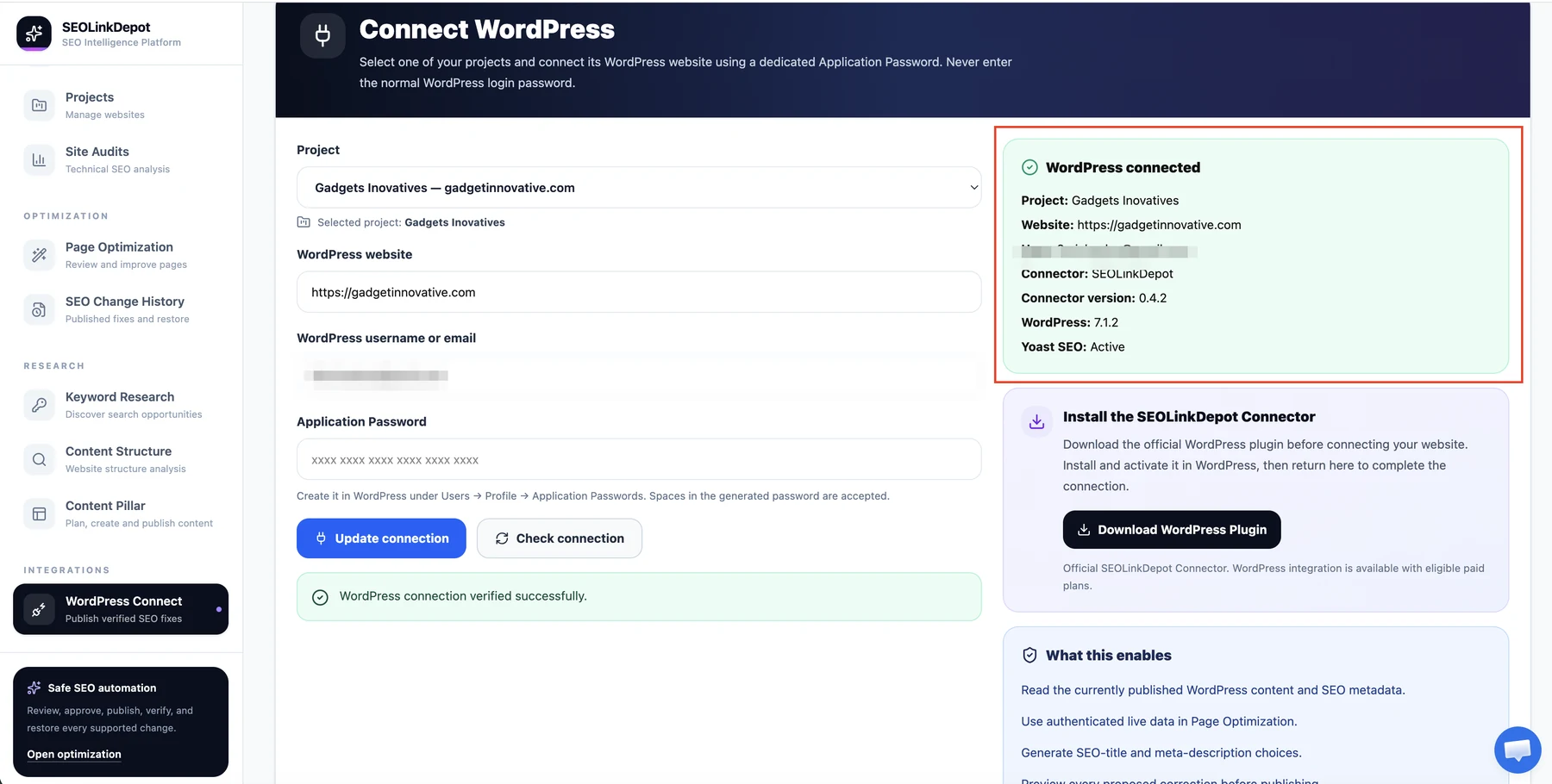 WordPress Connection — Verify the connection