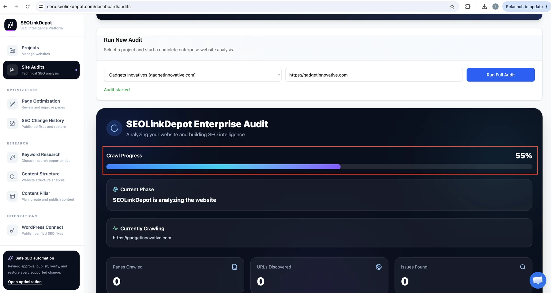 Site Audit — Monitor crawl progress