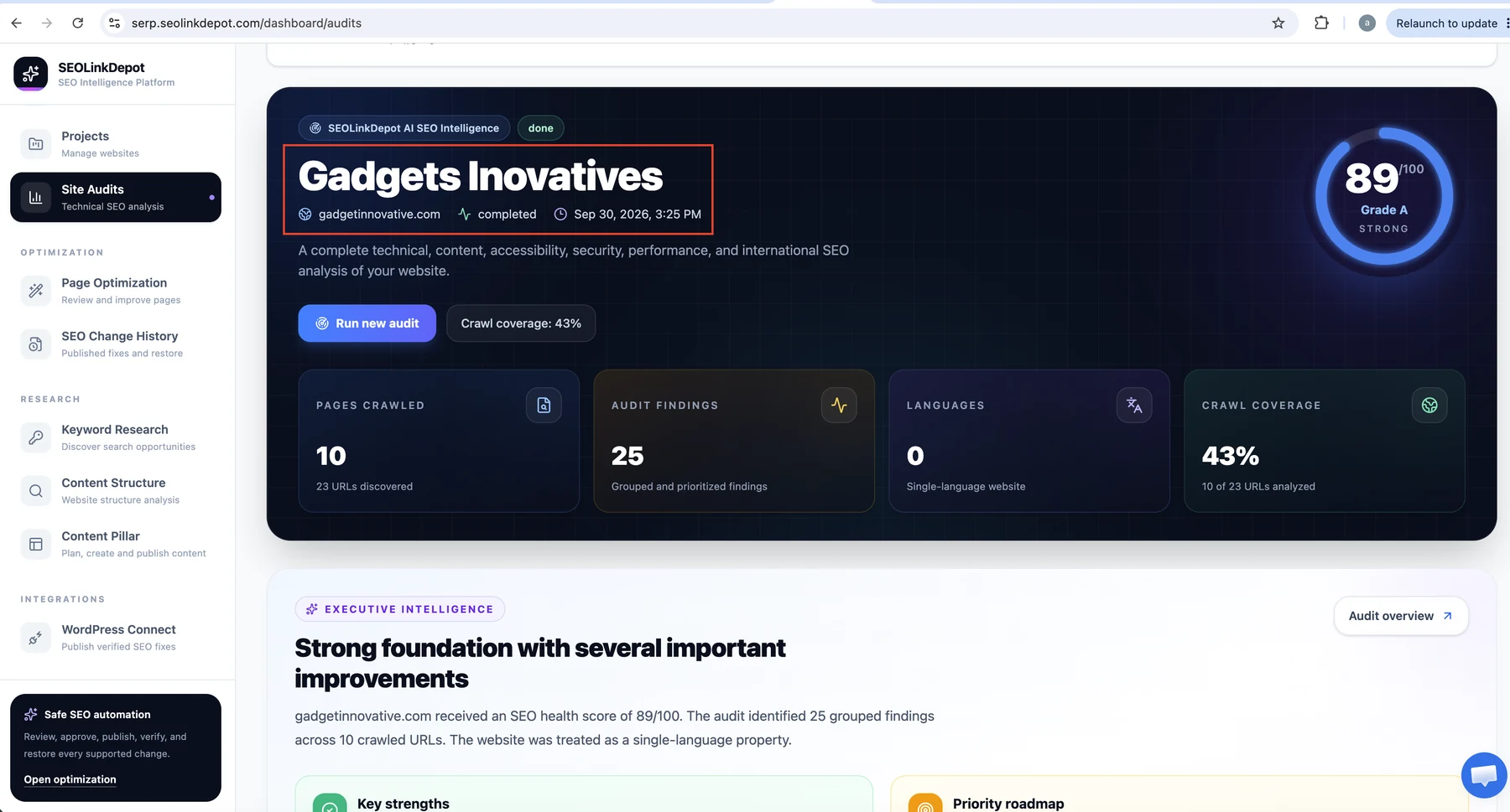 Site Audit — Review the completed audit
