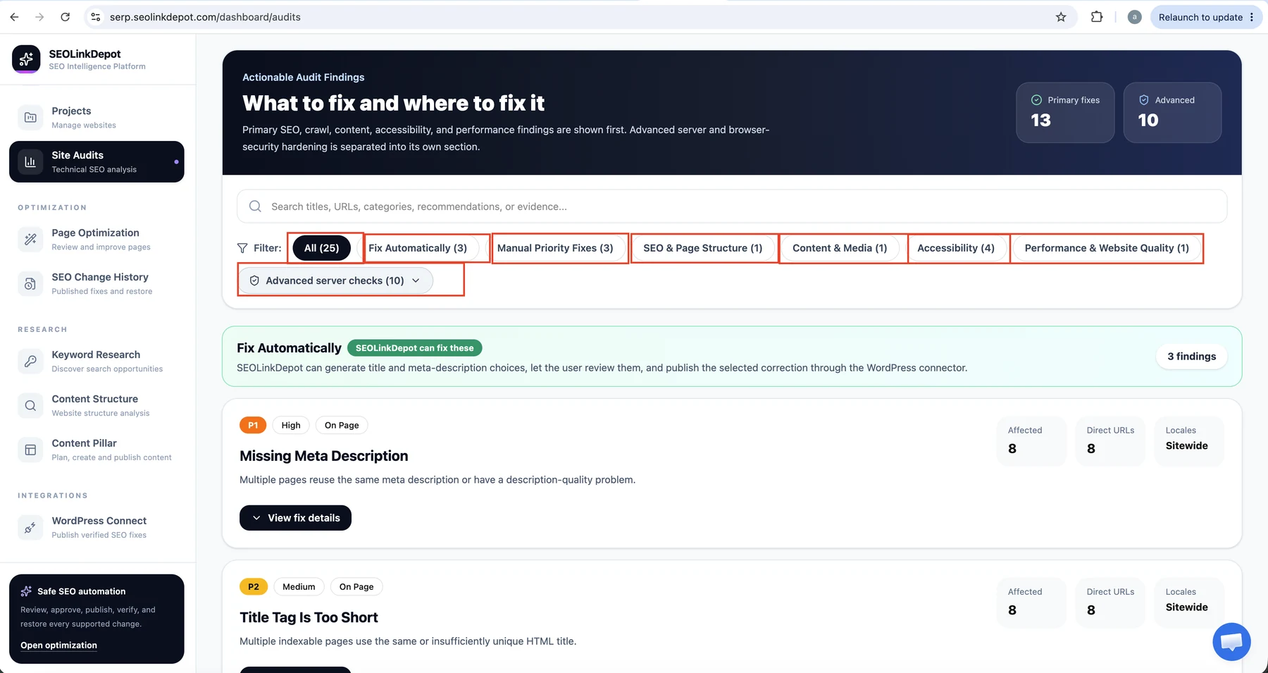 Site Audit — Filter findings by category